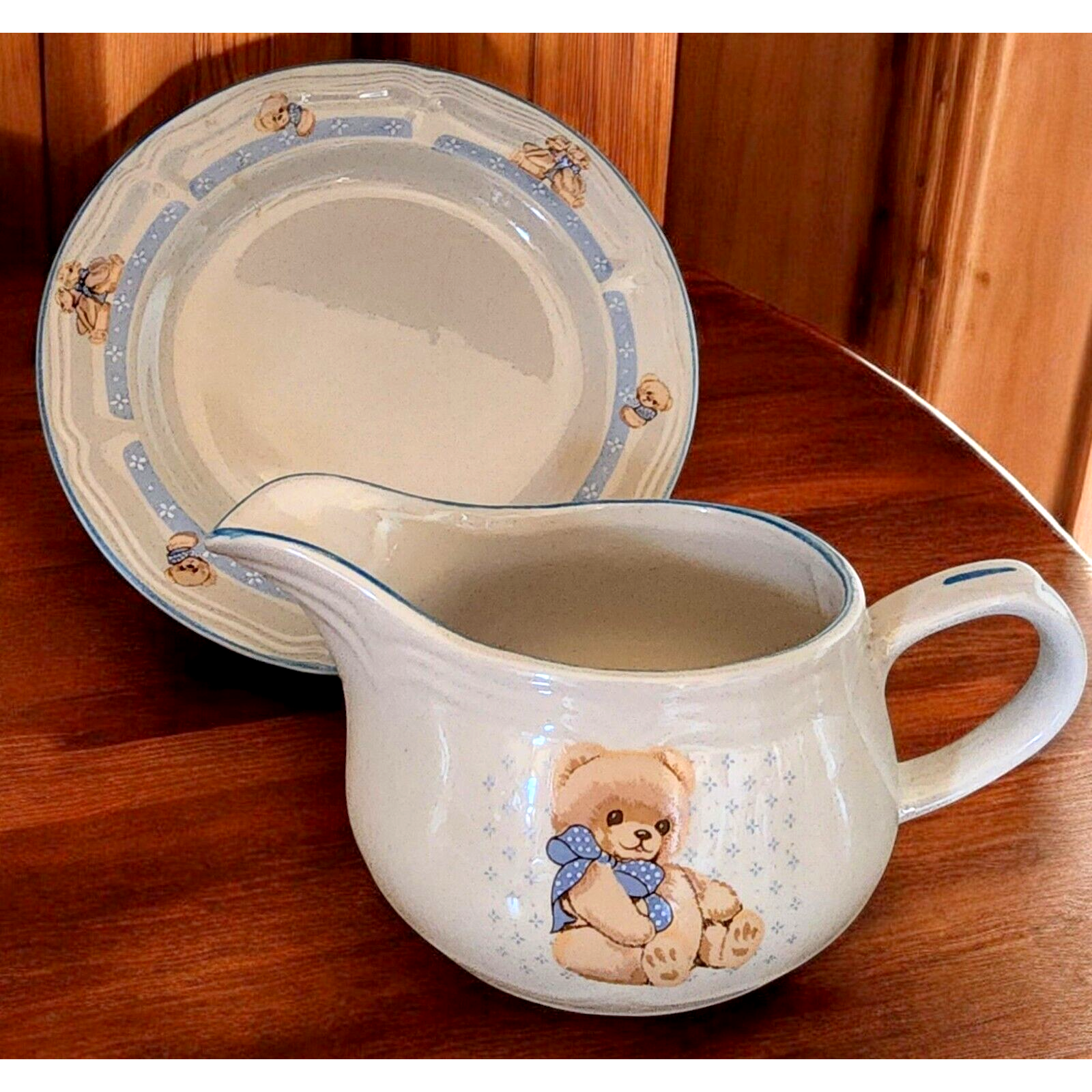 Tienshan Country Bear Gravy Boat With Plate Stoneware Theodore Teddy Ver... - $23.72