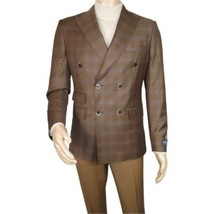 Men's Mono Double Breasted Blazer Super 180s Wool 1523-03 Brown Blue Plaid image 3