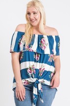 Women&#39;s Blue Plus Size Off Shoulder Ruffled Front Tie Top (2XL) - $26.73