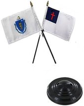 AES State Massachusetts &amp; Christian 4&quot;x6&quot; Flag Desk Set Table Stick Black Base P - £5.49 GBP