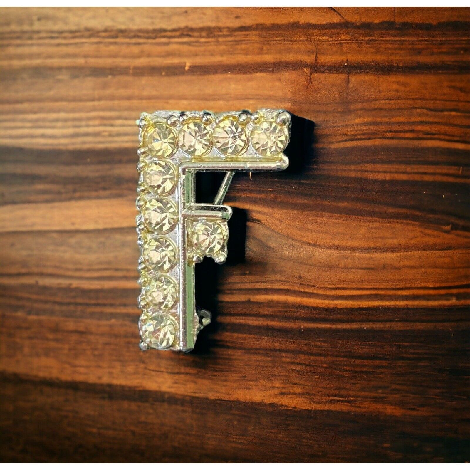Primary image for Vintage Capital Letter F Rhinestone Brooch Costume Pin Silver Tone Faux Diamond