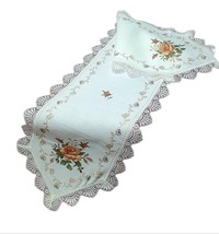 White Linen Runner with White LACE, Embroidered Rustic Summer Decor 16x64&#39;&#39; - £46.61 GBP