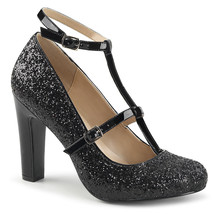PLEASER Women&#39;s Black 4&quot; Heel Round Toe Pump W/ Glitter Shoes QUEEN-01 - £54.31 GBP