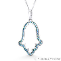 Hamsa Hand Evil Eye Charm Simulated Blue Topaz CZ Crystal 14k White Gold Pendant - $118.51+