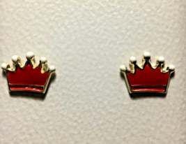 Girl&#39;s Stud Earrings Solid 9k Yellow Gold Red White Enamel Princess Crown - £30.83 GBP