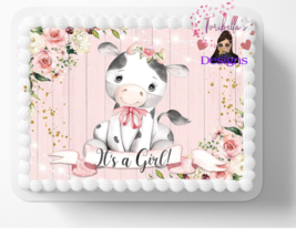 It&#39;s A Girl Pink Baby Cow Print Edible Image Edible Cake Topper DIY Cake 03 - $14.18+