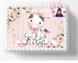 It&#39;s A Girl Pink Baby Cow Print Edible Image Edible Cake Topper DIY Cake 03 - £11.23 GBP+