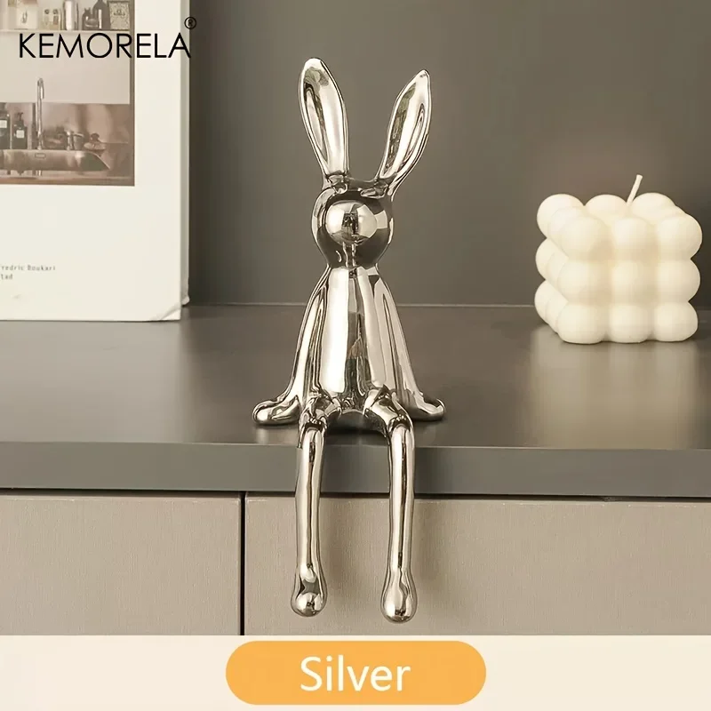 1PCS Ceramic Long Eared Sitting Rabbit Room Ornaments Statue Luxury Silvery - $6.00