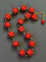 Vintage Large Cherry Red Plastic Bead w Goldtone Endcaps Necklace – 15 inches - £7.52 GBP