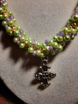 18in Beaded Necklace mint green Handcrafted Cross Pendant - £14.23 GBP