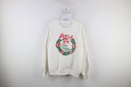 Vtg 90s Womens XL Faded Spell Out Merry Christmas Wreath Sweatshirt White USA - £31.07 GBP