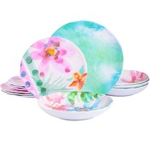 Melamine Dinnerware Set For 4 Modern Dishes Plates Bowls Floral Blue 12 ... - £31.91 GBP