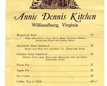 Annie Dennis Kitchen Menu Williamsburg Virginia 1950s - £41.93 GBP