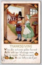 Thanksgiving Greetings Poem Darling Pilgrims With Turkey And Pie Postcard K29 - £6.35 GBP