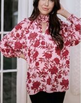 Veronica M Dark Floral Pink Mock Neck Blouse Size Small - $12.86