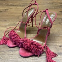 Aquazurra $795 Wild Thing Fringe Suede Tie Tassel Sandal 39 Hot Pink Sti... - $256.85