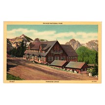 Vintage Rainier National Park Paradise Lodge Postcard Travel Vacation Linen Art - $9.50