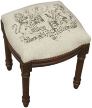 Vanity Stool Crest Wood Stain Hand-Applied Brass Nailheads Linen Upholstery - £198.32 GBP