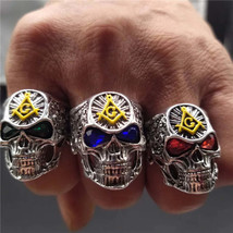 Unisex Punk Style Skull Masonic Ring with Colorful Eyes - $44.95