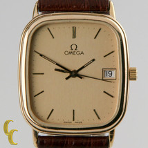 Omega Ω Men&#39;s Gold-Plated Quartz Watch w/ Date Feature and Leather Band - £671.60 GBP