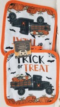 2 Same Potholders (7&quot;x7&quot;) Halloween,Trick Ot Treat Truck W/PUMPKINS &amp; Skulls,Gr - £5.91 GBP