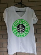 Starbucks - Coffee and Guns - Ladies White V-Neck XL Parody T-Shirt - $18.18
