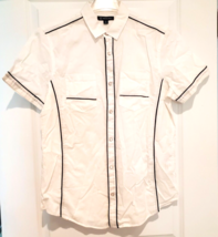 INC Intl Concepts Pearl Snap Shirt Mens M White Black Trim 100% Cotton S/Sleeve - £19.65 GBP