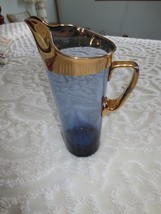 Vintage Blue Glass &amp; Gold Beverage Pitcher w/Ice Lip Spout - 12&quot; Tall - £12.06 GBP