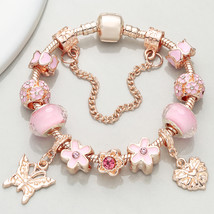 CHIELOYS DIY Pink Glass Beads Charm Bracelet & Bangles For Women Rose Gold Colou - $15.27