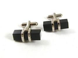 Silvertone &amp; Black Dress Cufflinks 41917 - £18.13 GBP