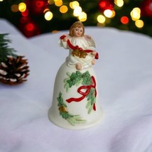 Vintage Homco Christmas Bell Angel Sitting on Bell Garland Red Ribbon 5.5&quot; Tall  - £19.33 GBP