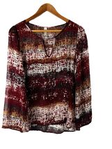 Pink Owl Sheer S Long Sleeve Blouse Abstract Stripe Print Split V Neck T... - $15.21