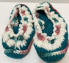 Vintage Handmade Crocheted Womens House Slippers Green Mauve White Size 6 to 8 - £12.39 GBP