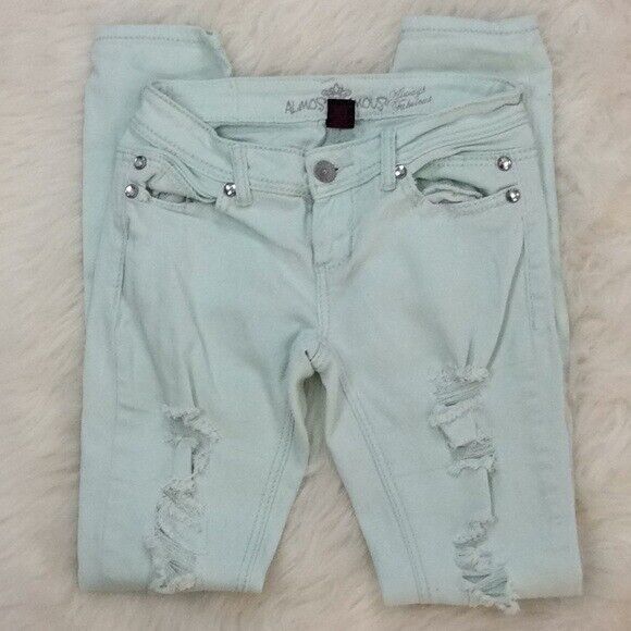 Almost Famous mint green color destroyed denim  Skinny Jeans Junior Size 5 - $19.79