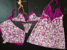 NWT Victoria&#39;s Secret M,L BRALETTE bra+S shorts+thong+M SLIP Floral Fuch... - $138.59