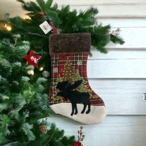 Hobby Lobby Christmas Stocking Red Plaid Moose Tree Faux Wool And Fur NEW 17.5&quot; - £18.53 GBP