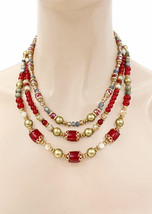 Multi-strand Layered Red & Golden Beads Everyday Casual Chic Elegant Necklace  - $22.33