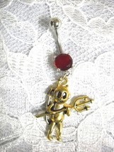 GOLD TONE FULL BODY LITTLE DEVIL w PITCHFORK &amp; 14G DEEP RED CZ NAVEL BEL... - $4.99