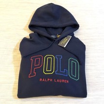 Polo Ralph Lauren RL Fleece Multi Outline Leather Logo Hoodie Navy NWT sz L - $162.54