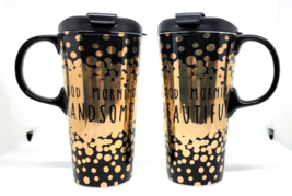 TWO Cypress Travel Mugs GOOD MORNING HANDSOME, GOOD MORNING BEAUTIFUL Bl... - £23.59 GBP