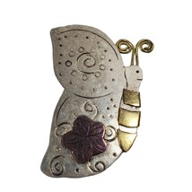 Vintage Butterfly flower brooch pin  metal Handmade Artisan Gold Silver ... - $12.77