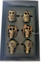 Rachel Zoe Skull Napkin Rings See Hear Speak No Evil Dark Gold Metal 2&quot; New - £34.09 GBP