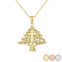 10k Solid Yellow Gold Lebanese Cedar Tree With Orthodox Cross Pendant Necklace - £232.99 GBP+