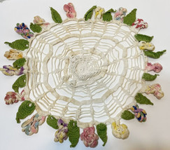 Antique VTG Handmade Crocheted Multicolored Centerpiece Doily Flowers Leaves 18&quot; - £19.25 GBP