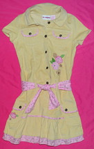 No Kidding Beige Corduroy Dress Collar Buttons Pockets Flowers Pink Tie 10-12 - $7.91