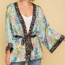 Blue/Green Floral Tie Kimono w Black Floral Trim S/M - $58.41