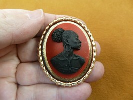 (CA20-78) RARE African American LADY black burgundy CAMEO oval brass Pin Pendant - £25.16 GBP