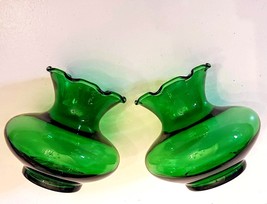 Anchor Hocking Vase LOT Forest Emerald Green Glass Ruffled Rim 3 1/2&quot; - $19.72
