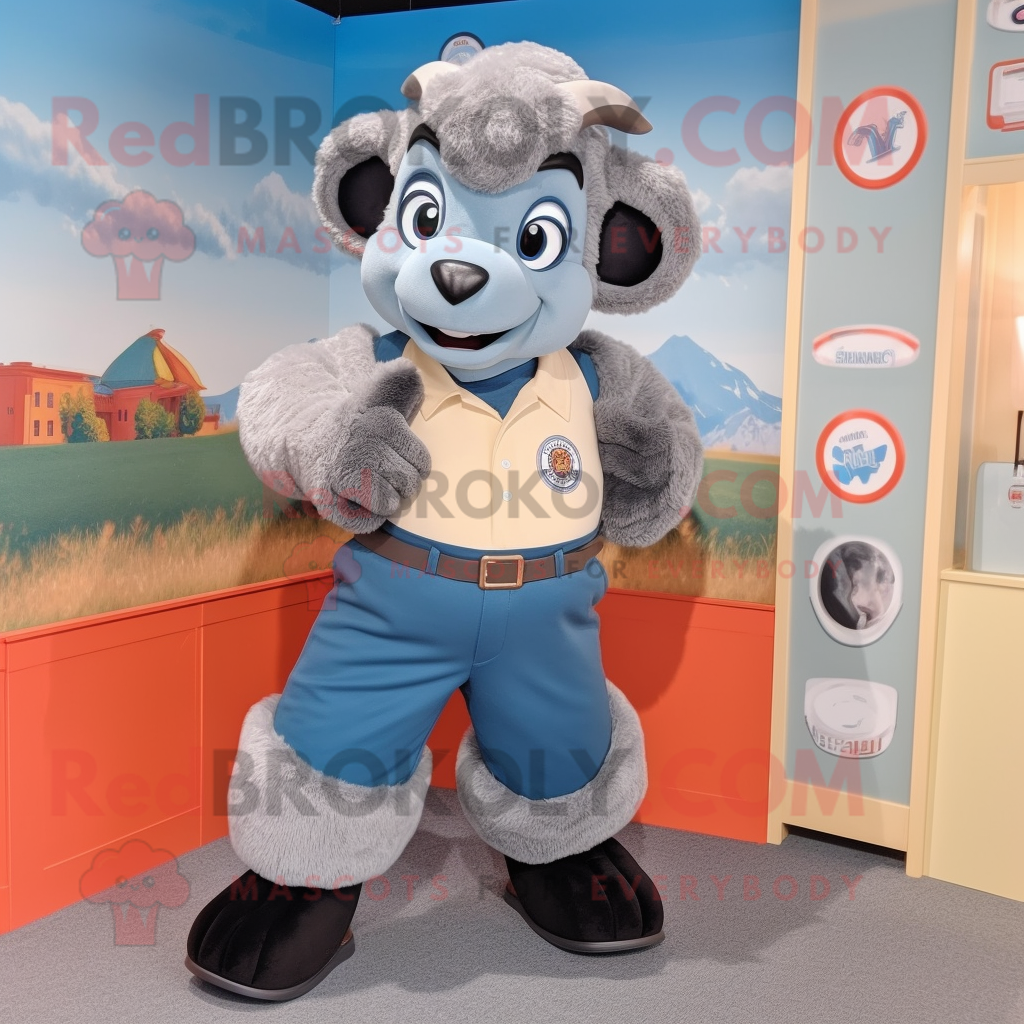 Gray Ram mascot costume character dressed with a Capri Pants and Suspenders - $1,199.00
