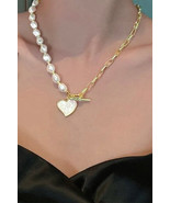 Gold Heart Shape Pendant Rhinestone Decor Pearl Chain Necklace - $115.04 MXN